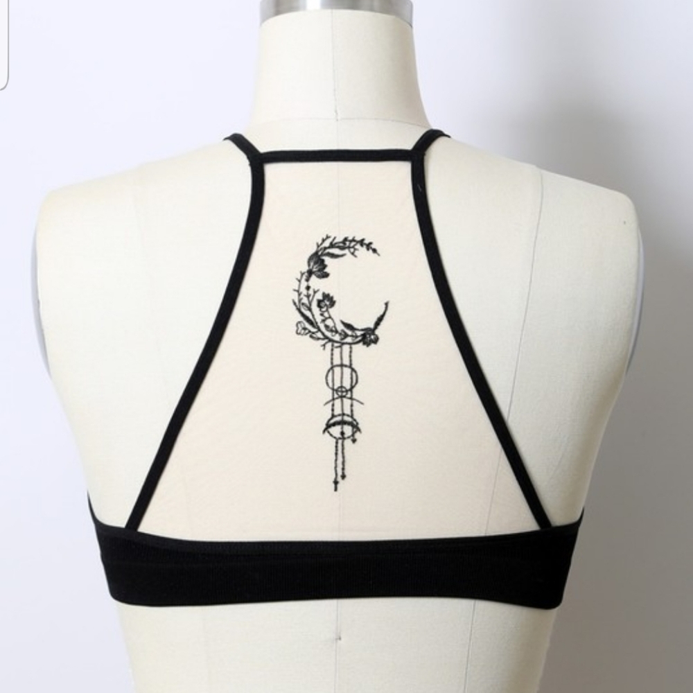 Lace Bralette Cresent Moon Tattoo Mesh Bra - Picture 6 of 7